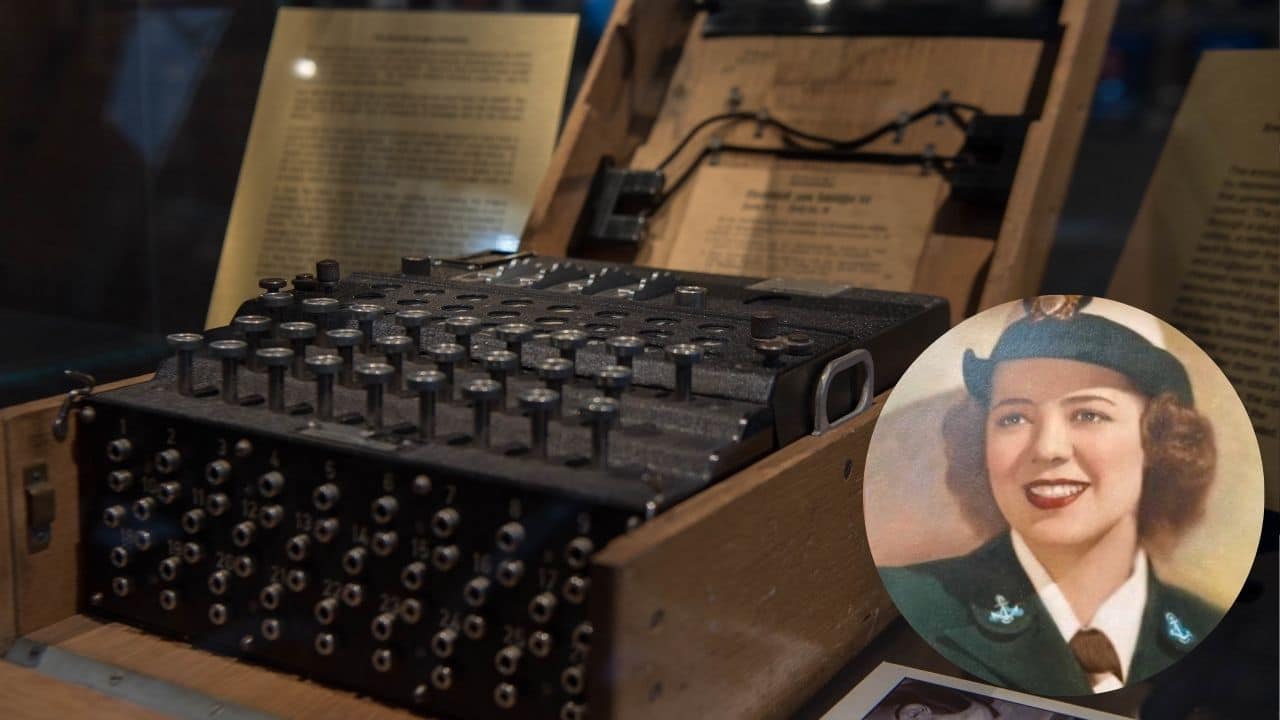 Julia Parsons' enigma machine and a circular photo of Julia Parsons.