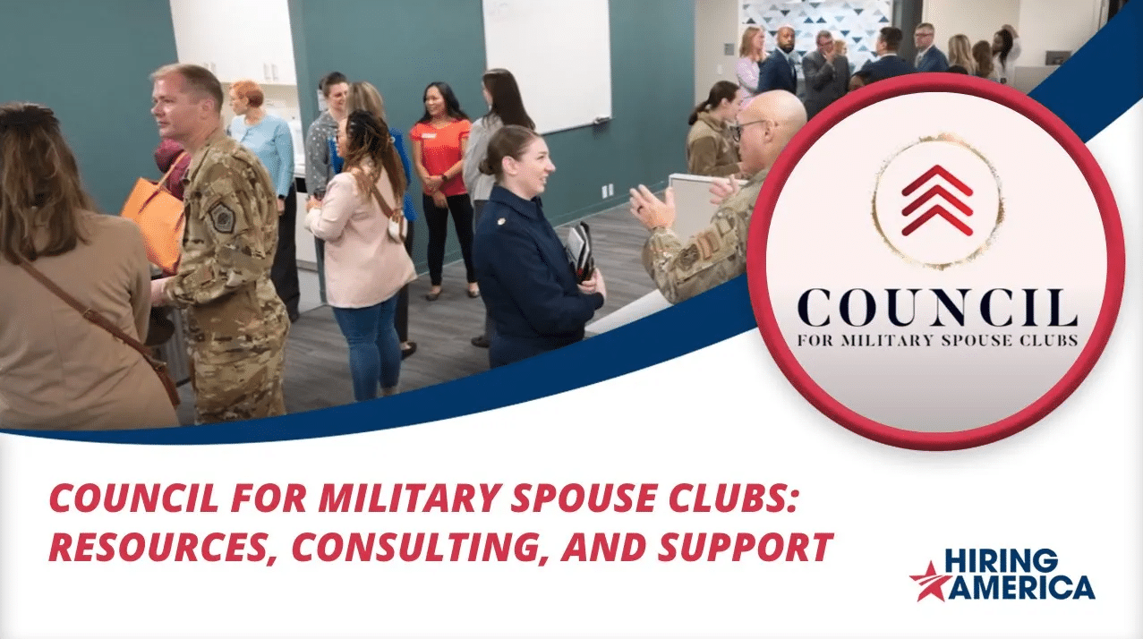 Veterans and employers attend a networking conference and a description on the image reads "Council for Military Spouse Clubs: Resources, Consulting, and Support."