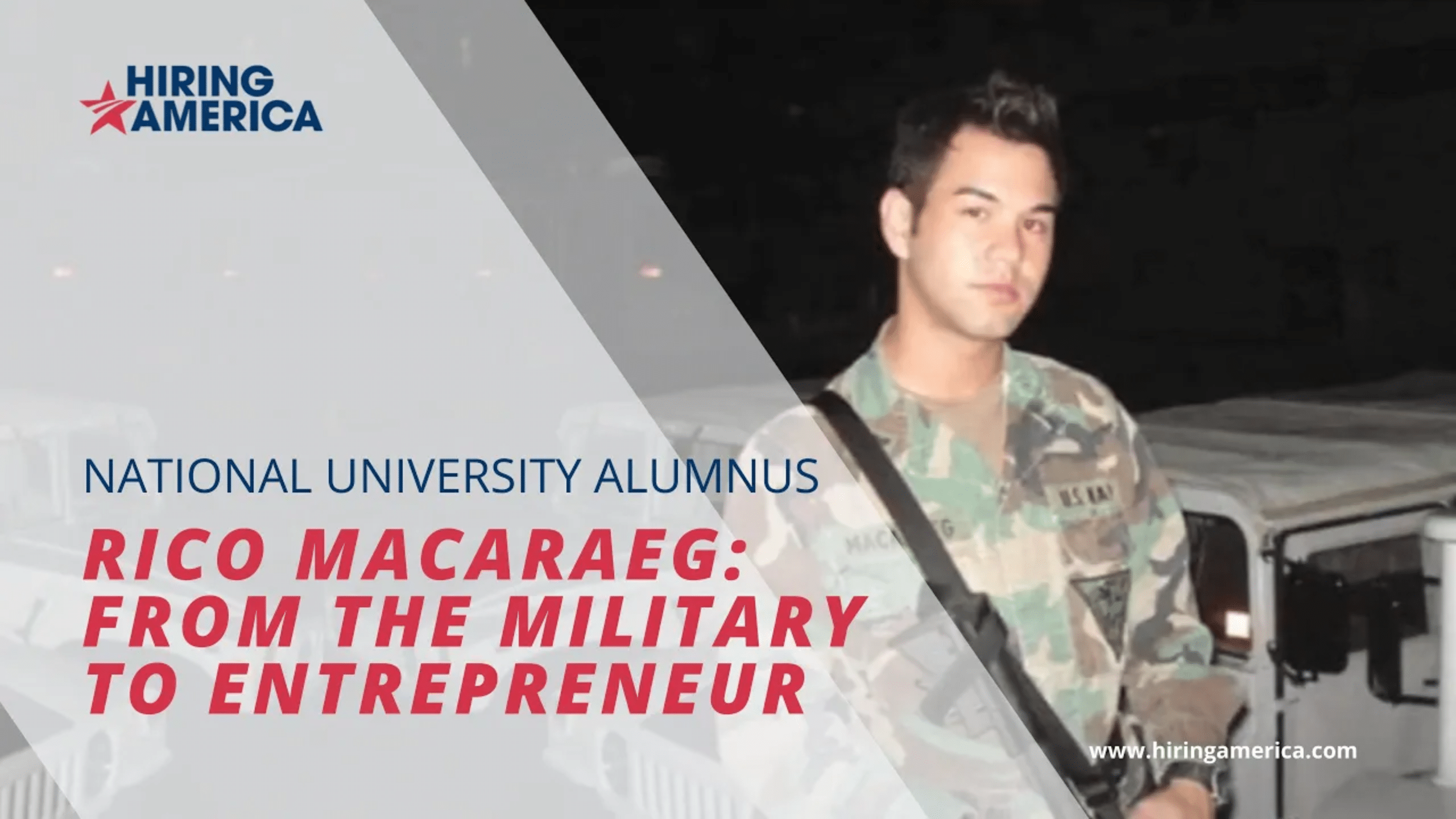 Rico Macaraeg faces the camera in his Navy uniform. An overlay reads "Rico Macaraeg: From the Military to Entrepreneur."