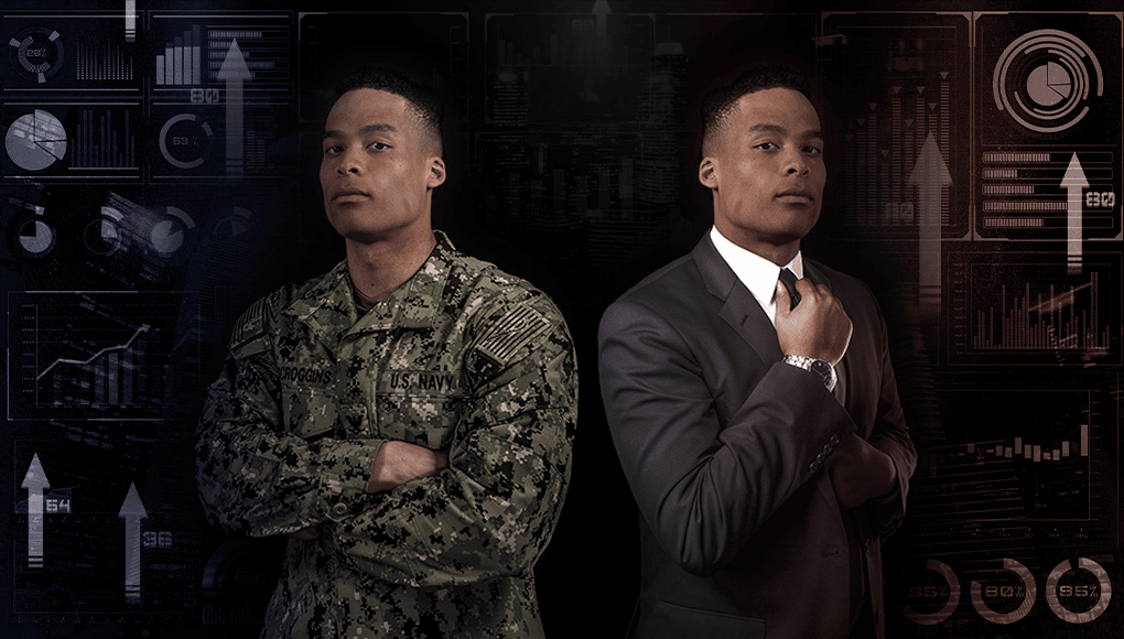 The same man is shown twice: once in a military uniform and once in a suit.