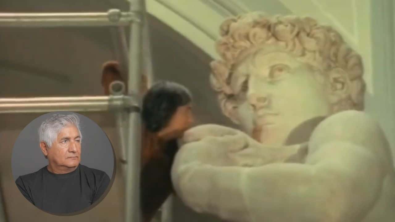 A circular picture of Michael Naranjo is on the left side of the image and a white statue of a man with curly hair is on the right side.