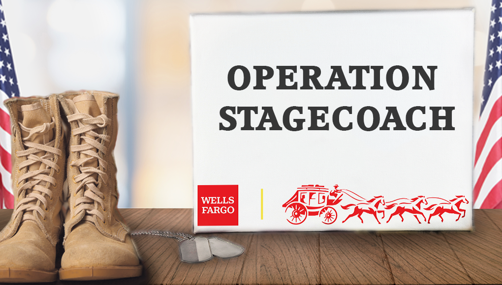 A pair of military-issue boots sit to the side of a sign that reads "Operation Stagecoach."