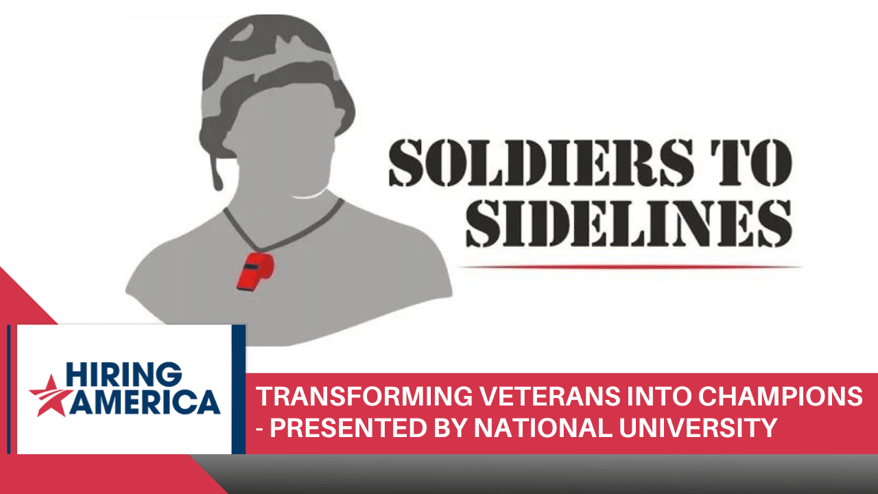 An outline of a person wearing a military helmet sits beside the words "Soldiers to Sidelines".